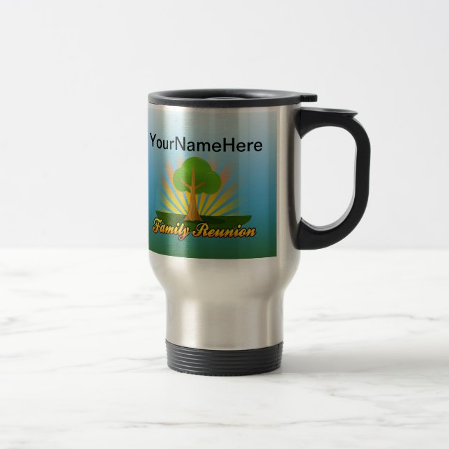 Custom Family Reunion, Green Tree with Sun Rays Travel Mug (Right)