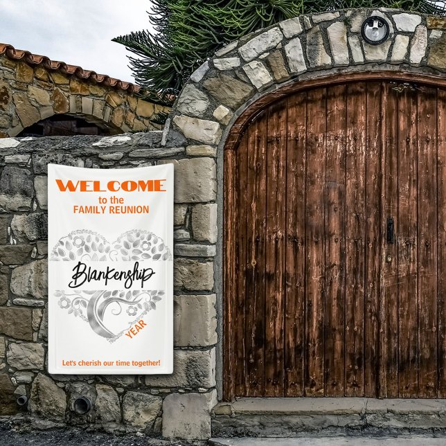 Custom Family Reunion Heart Art Tree White Orange Banner (Welcome family with a heart tree art on white with orange text vertical format reunion banner.)