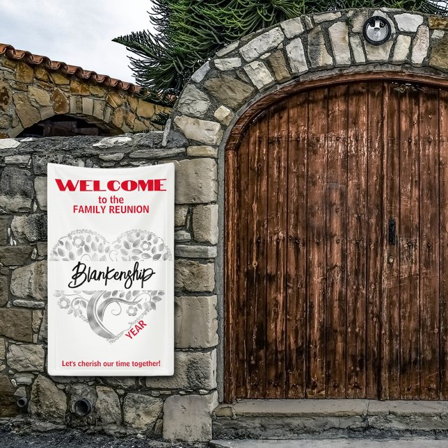 Custom Family Reunion Heart Art Tree White Red Banner (Greet the family with a heart tree art on white with red text vertical format reunion banner.
)