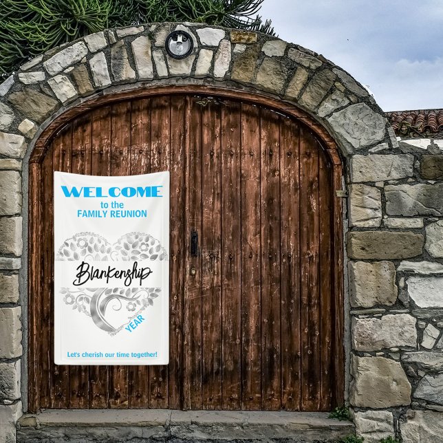 Custom Family Reunion Heart Art Tree White Silver Banner (Welcome family with a heart tree art on white with blue text vertical format reunion banner.
)