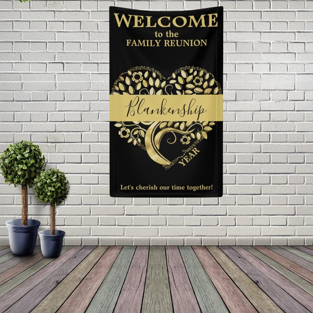 Custom Family Reunion Heart Shaped Tree Black Gold Banner (Creator Uploaded)