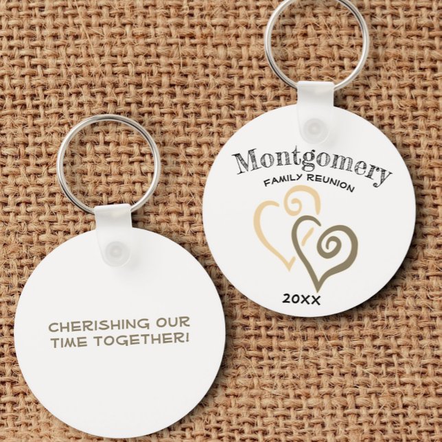 Custom Family Reunion Khaki Tan Linked Heart Key Ring (front and back family reunion key ring)