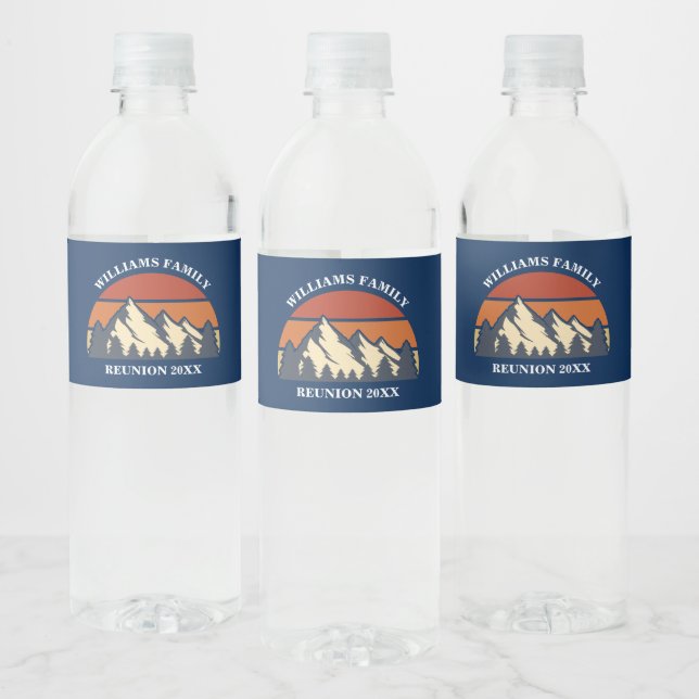 Custom Family Reunion Party Mountain Sunset Water Bottle Label (Bottles)