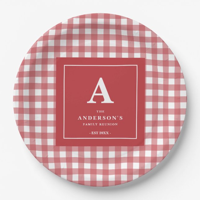 Custom Family Reunion Red Gingham Paper Plate (Front)