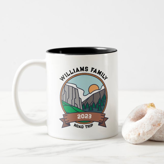 Custom Family Reunion Road Trip Mountain Two-Tone Coffee Mug (With Donut)