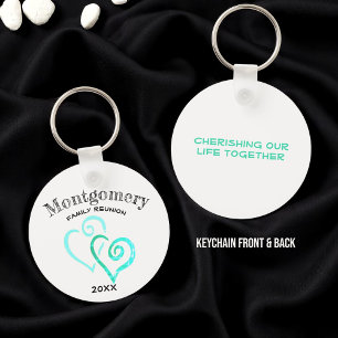 Custom Family Reunion Rustic Blue Linked Heart Key Ring