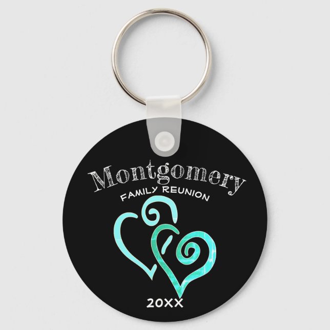Custom Family Reunion Rustic Blue Linked Heart Key Ring (Front)