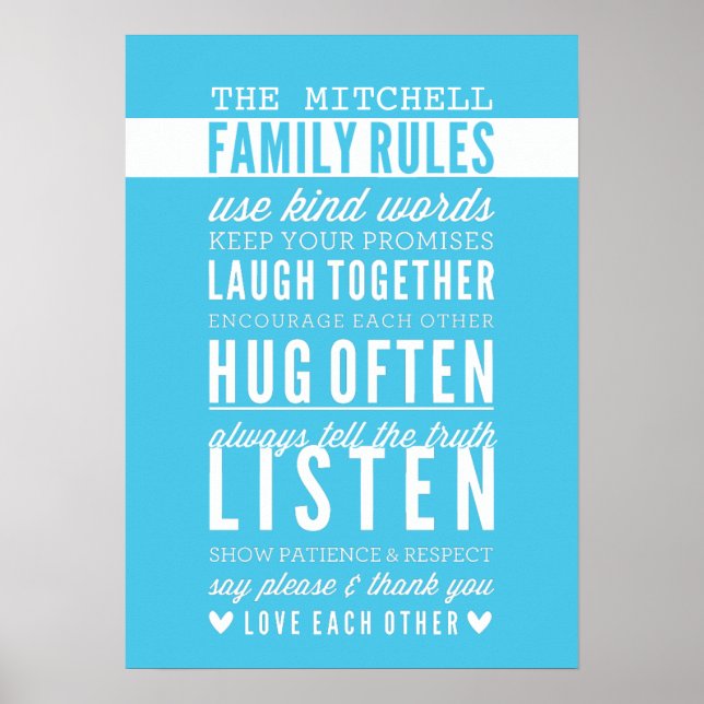CUSTOM FAMILY RULES modern typography aqua blue Poster (Front)