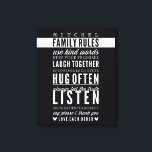 CUSTOM FAMILY RULES modern typography bold black Canvas Print<br><div class="desc">Dress the walls in your living room with this positive affirmation text - a gentle reminder for a happy family. Setup as a template it is easy to customise with your own text - make it yours! Simply hit the "Customise it" button and add/change the text, fonts, size, colours even...</div>