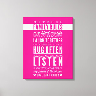 CUSTOM FAMILY RULES modern typography bold pink Canvas Print