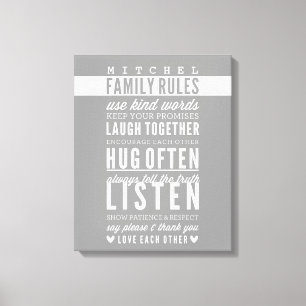 CUSTOM FAMILY RULES modern typography cool grey Canvas Print