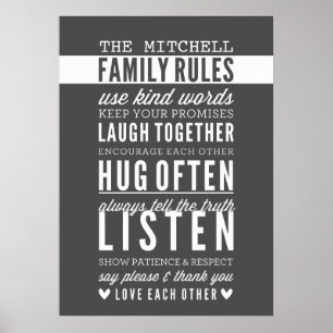 CUSTOM FAMILY RULES modern typography dark gray Poster