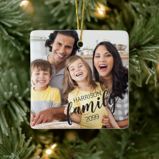 Custom FAMILY Script 2 Photo Keepsake Ceramic Ornament (Tree)