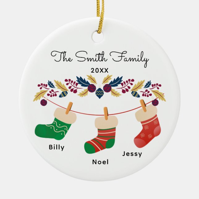 Custom Family Stocking Christmas with Names Ceramic Tree Decoration (Front)