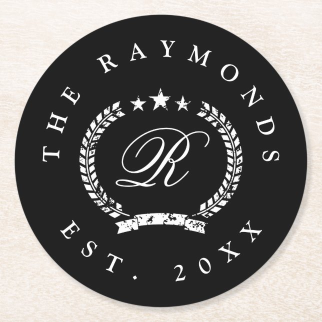 Custom family surname vintage crest paper coasters (Front)