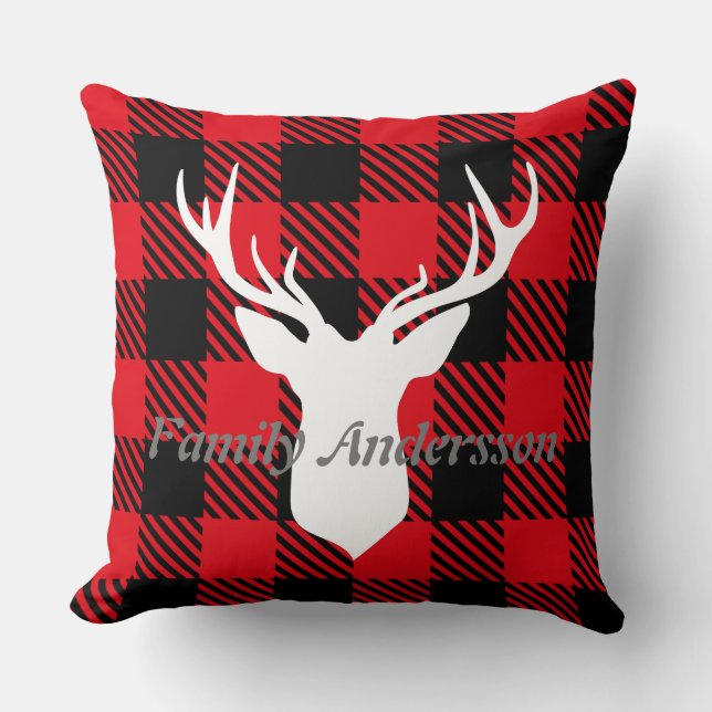 Custom family text cute trendy tartan red black cushion (Front)