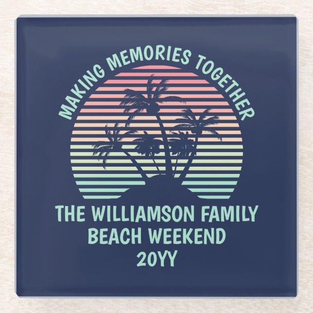 Custom Family Vacation Retro Tropical Beach Trip Glass Coaster (Front)