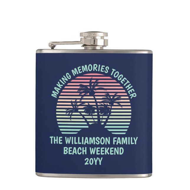 Custom Family Vacation Retro Tropical Beach Trip Hip Flask (Front)