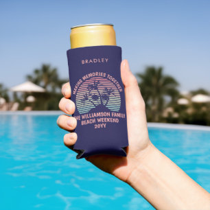 Custom Family Vacation Retro Tropical Beach Trip Seltzer Can Cooler