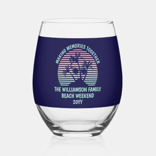 Custom Family Vacation Retro Tropical Beach Trip Stemless Wine Glass