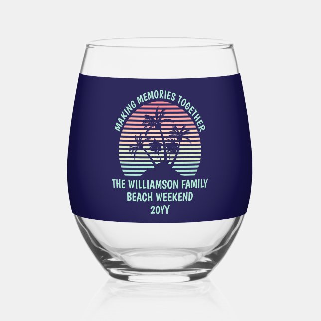 Custom Family Vacation Retro Tropical Beach Trip Stemless Wine Glass (Front)
