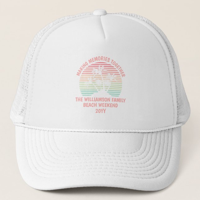 Custom Family Vacation Retro Tropical Beach Trip Trucker Hat (Front)