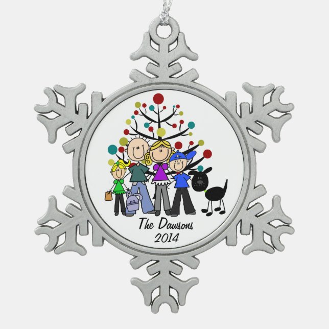 Custom Family With Black Dog Snowflake Ornament (Front)