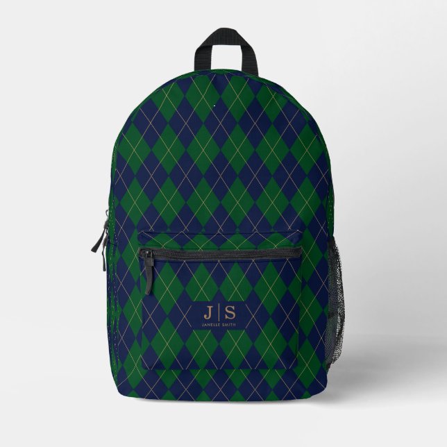 Custom Fancy Monogram Name Plaid Printed Backpack (Front)
