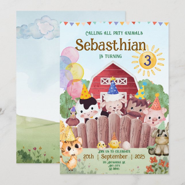 Custom Farm Animals Birthday Party Invitation (Front/Back)