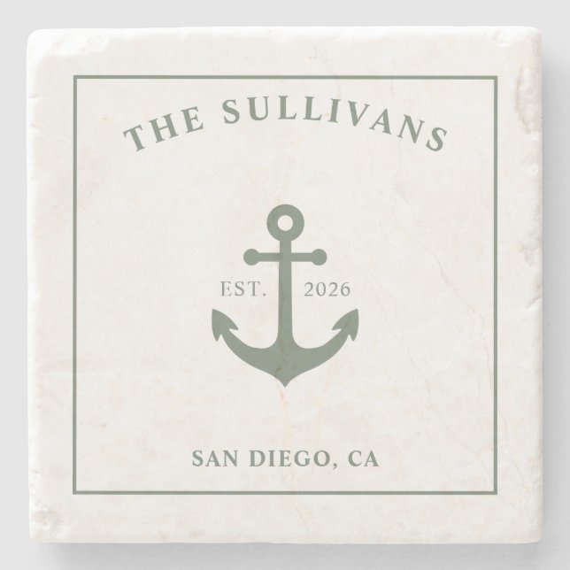 Custom Farmhouse Monogram Sage Green Anchor Stone Coaster (Front)
