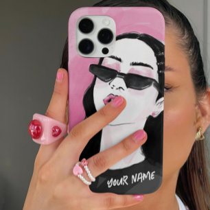 Custom Fashionable Black Pink Modern Girl Graphic iPhone 16 Pro Case