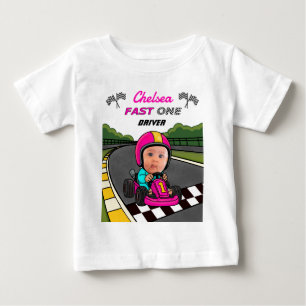 Custom Fast One Pink Race Car Driver Birthday  Baby T-Shirt