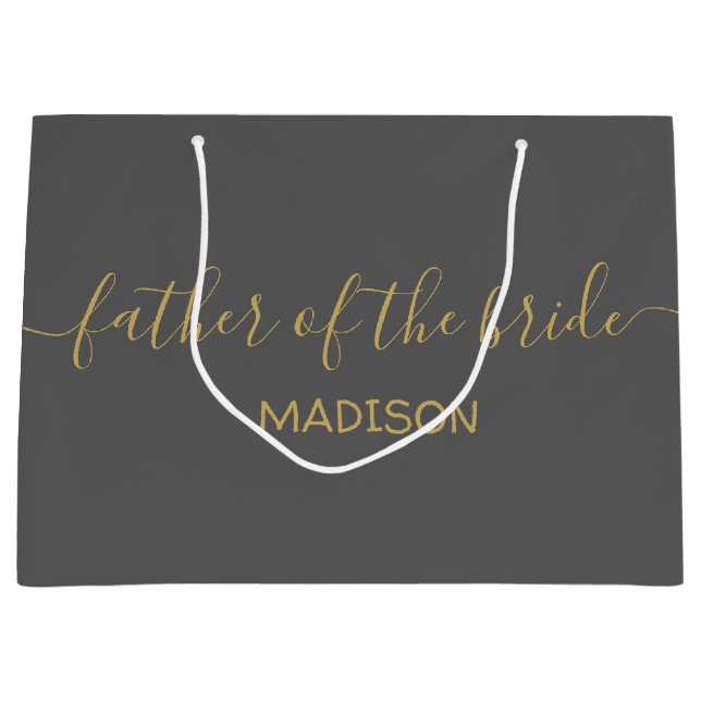 Custom Father of the Bride Name Gold Script Grey Large Gift Bag (Front)