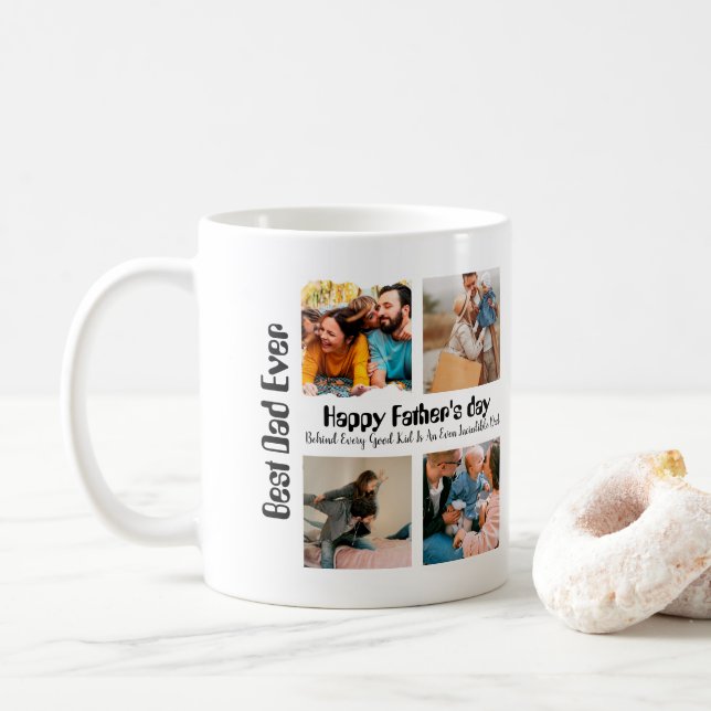 Custom Fathers day 4 photo collage Best Dad Ever Coffee Mug (With Donut)