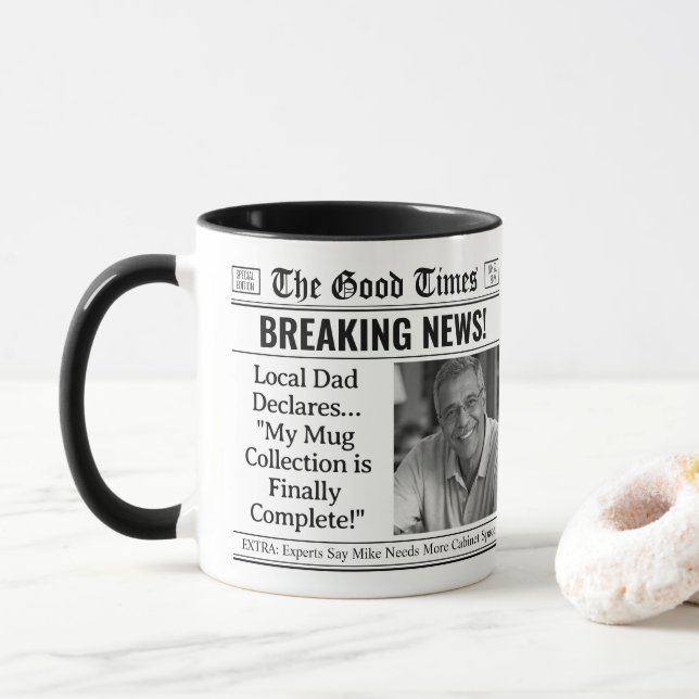 Custom Fathers Day Mug, Fun Gift for Dad Newspaper Mug (With Donut)