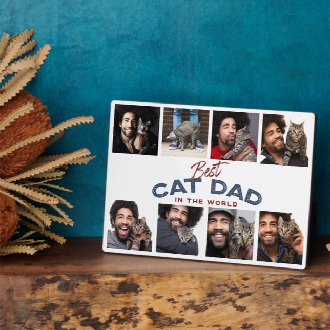 Custom Father's Day Photo Collage Best Cat Dad Plaque (Easily personalize this cat daddy photo collage plaque with 8 of your favorite photos)