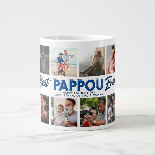 Custom Father's Day Photo Collage Best Pappou Ever Large Coffee Mug (Front)