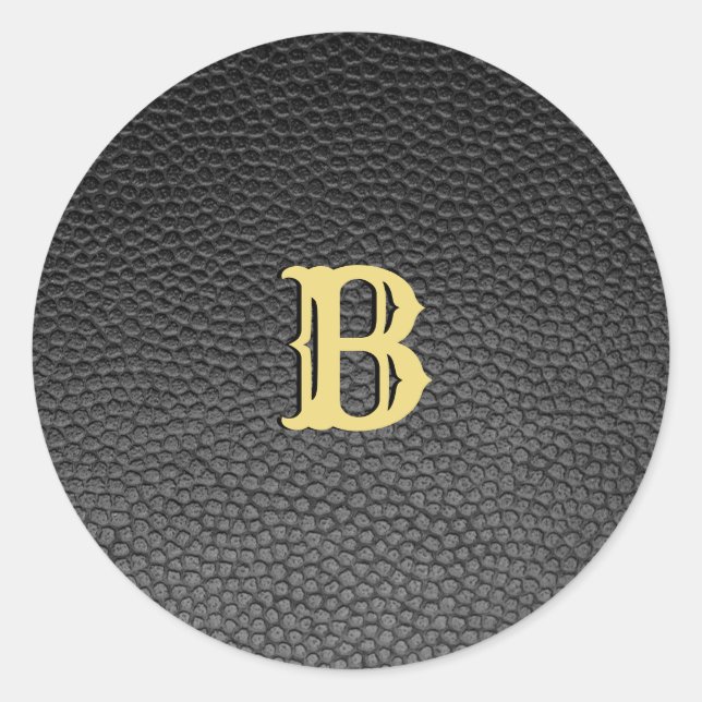 Custom Faux Black Leather Monogram Classic Round Sticker (Front)
