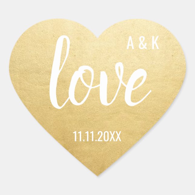 Custom Faux Gold Foil LOVE Script Black Wedding Heart Sticker (Front)