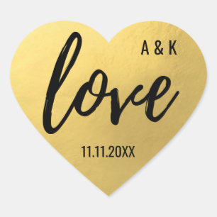 Custom Faux Gold Foil LOVE Script Black Wedding Heart Sticker