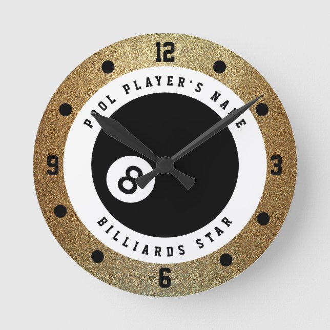 Custom Faux Gold Glitter Pool Player Billiards Round Clock (Front)