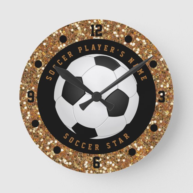 Custom Faux Gold Glitter Soccer Ball Football Round Clock (Front)
