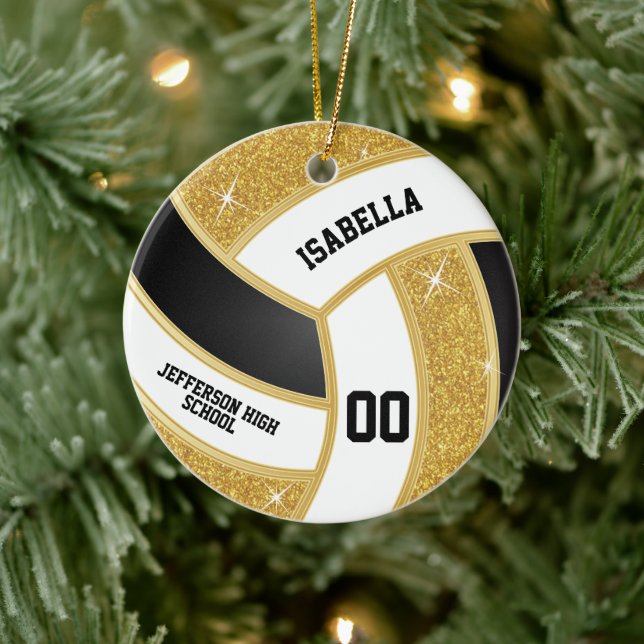 Custom Faux Gold Glitter, White & Black Volleyball Ceramic Tree Decoration (Tree)