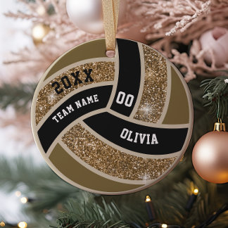 Custom Faux Gold Glitter White & Black Volleyball Ceramic Tree Decoration