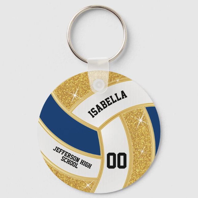 Custom Faux Gold Glitter, White & Blue Volleyball  Key Ring (Front)