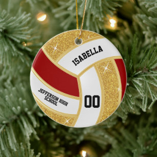 Custom Faux Gold Glitter, White & Red Volleyball Ceramic Tree Decoration