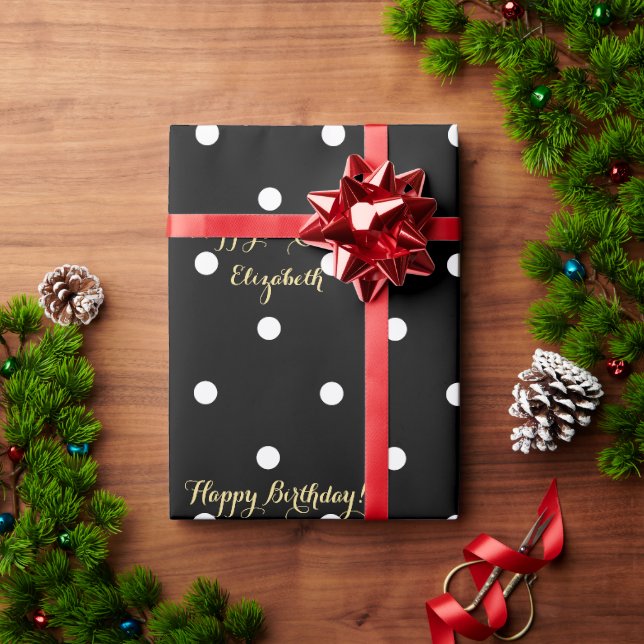 Custom Faux Gold Script Black and White Polka Dot Wrapping Paper (Holiday Gift)