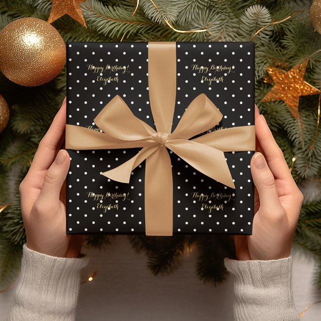 Custom Faux Gold Script Black and White Polka Dot Wrapping Paper (Custom Faux Gold Script Black and White Polka Dot Wrapping Paper)