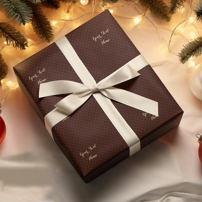 Custom Faux Gold Script Modern Brown Check Pattern Wrapping Paper (Custom Faux Gold Script Modern Brown Check Pattern Wrapping Paper)