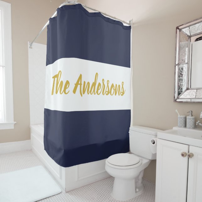 Custom Faux Gold Script Template on Black & White Shower Curtain (In Situ)